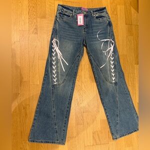 Edikted Blue Flare Jeans with White Lace-Up